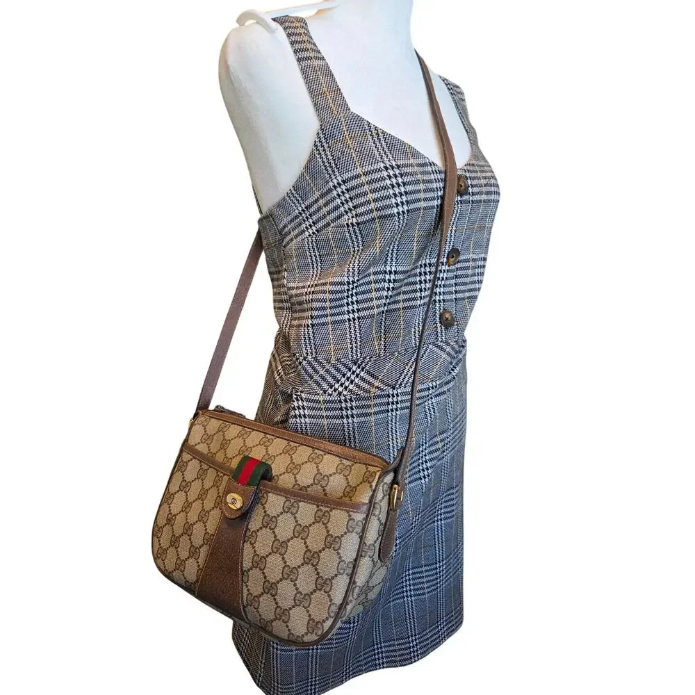 Gucci GG Supreme Web Stripe Crossbody Bag Vintage Ophidia Brown Leather